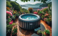 An inflatable hot tub set up in a serene outdoor setting, surrounded by lush greenery.