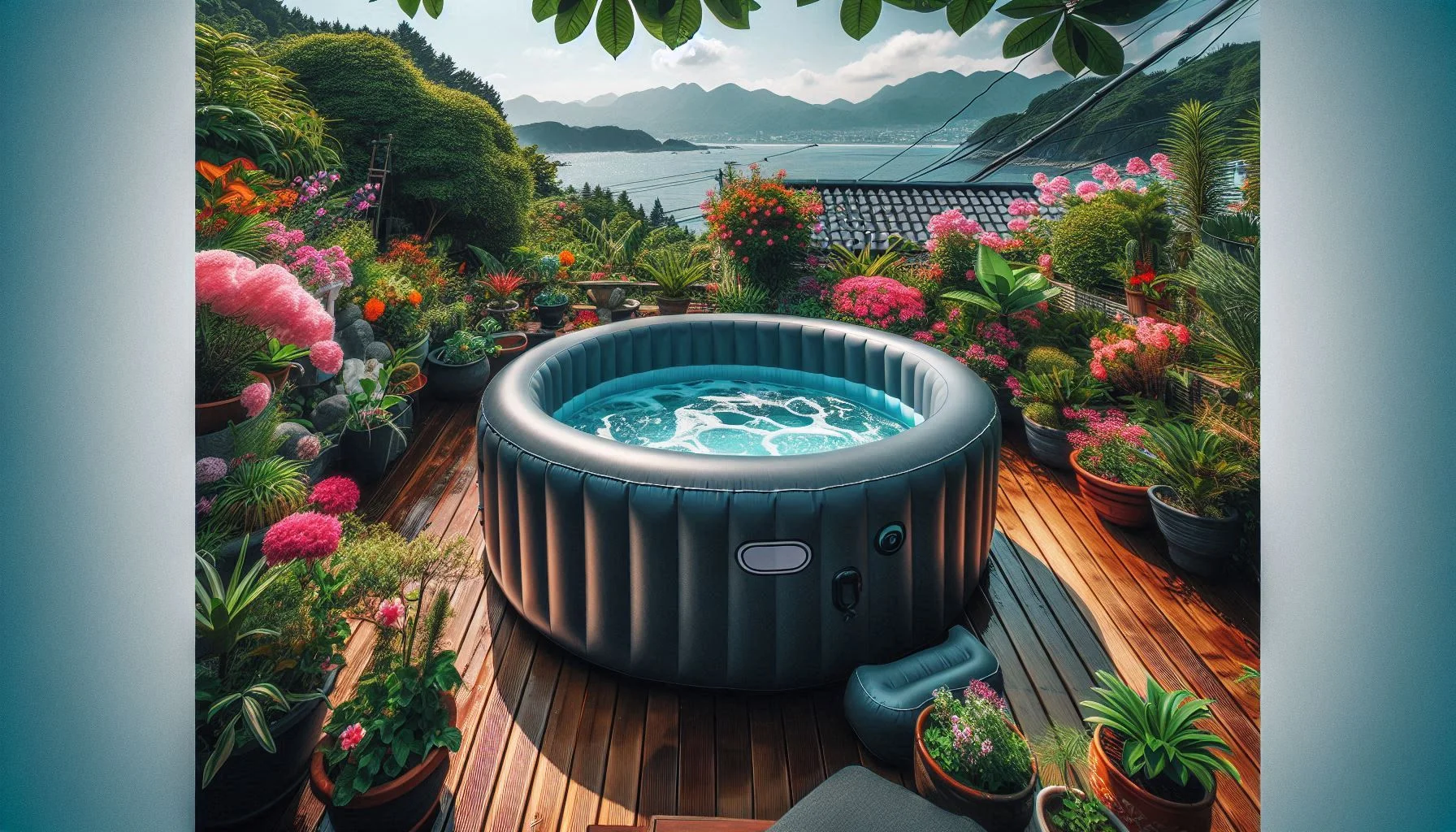 An inflatable hot tub set up in a serene outdoor setting, surrounded by lush greenery.