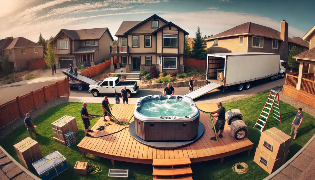 A group of movers using straps and a dolly to transport a hot tub in a backyard, with a moving truck ready in the background.