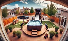 Professionals moving a hot tub with specialized equipment in a suburban backyard, with a wooden deck and a parked moving truck in the background.