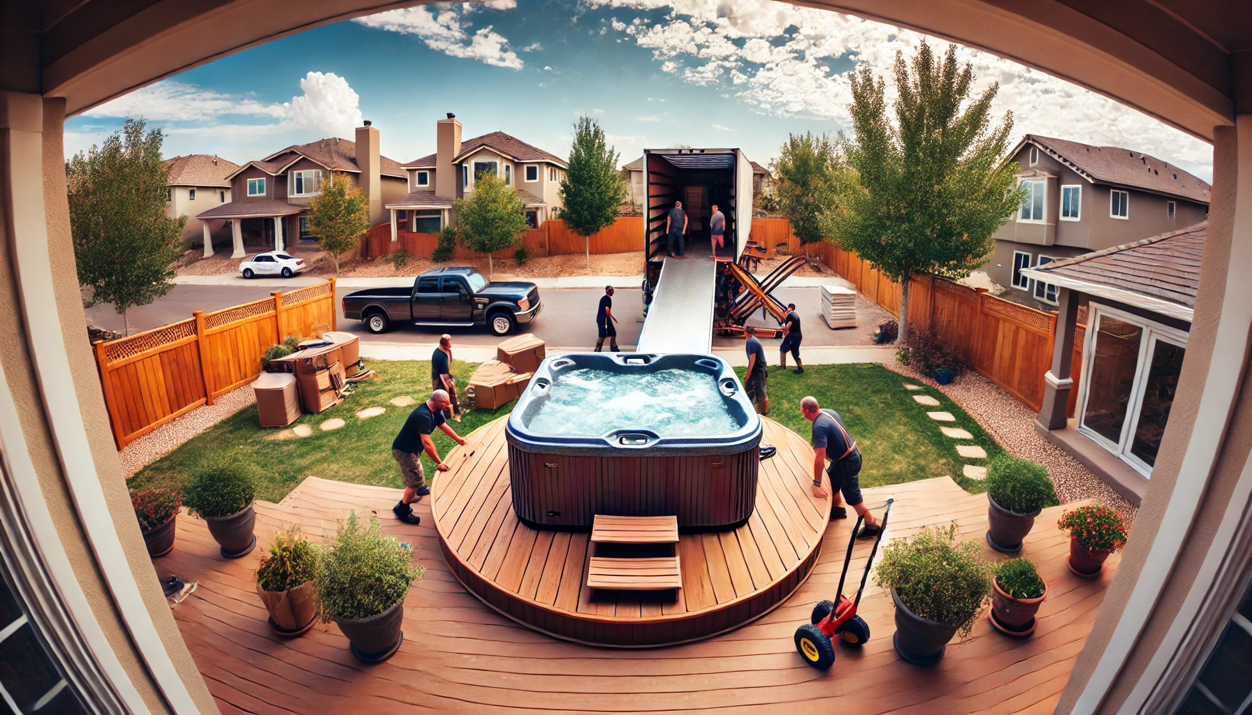 Professionals moving a hot tub with specialized equipment in a suburban backyard, with a wooden deck and a parked moving truck in the background.