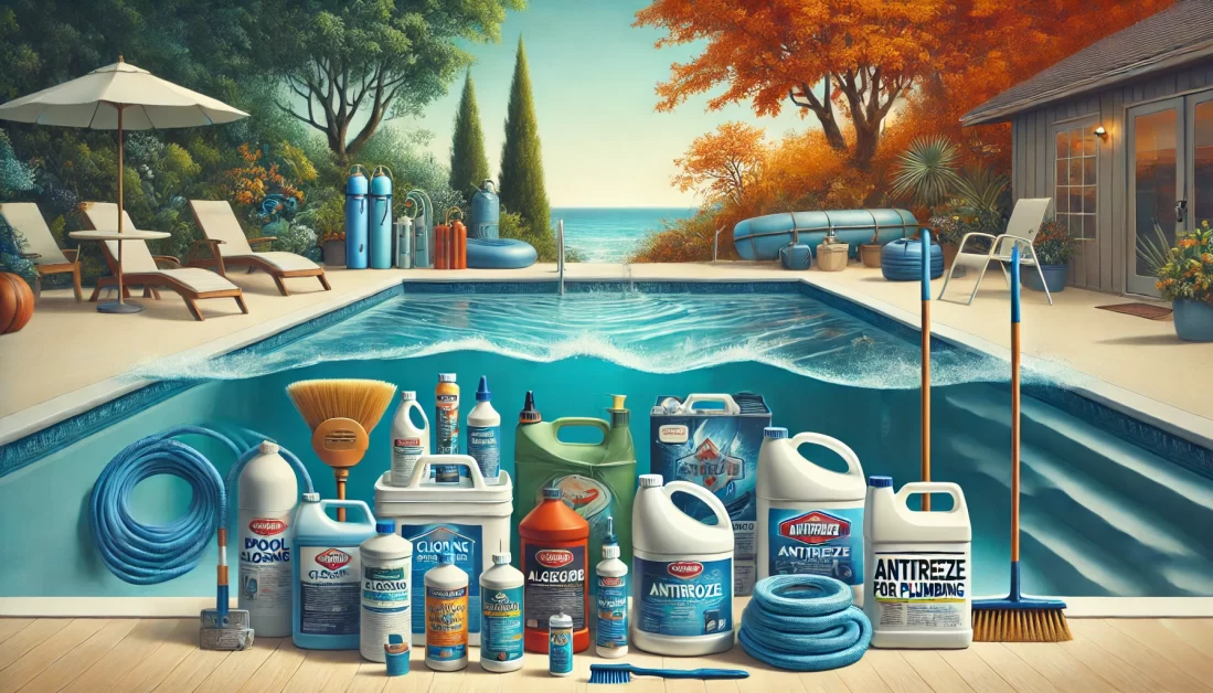 A display of pool closing kits for above-ground and inground pools, featuring chlorine, algaecide, winterizing solutions, and antifreeze, along with pool cleaning tools.