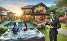 An image depicting a luxurious resort with a large modern villa surrounded by a lush tropical landscape, a swimming pool, and a hot tub where a couple is relaxing while being attended by a smiling real estate agent or resort staff member.