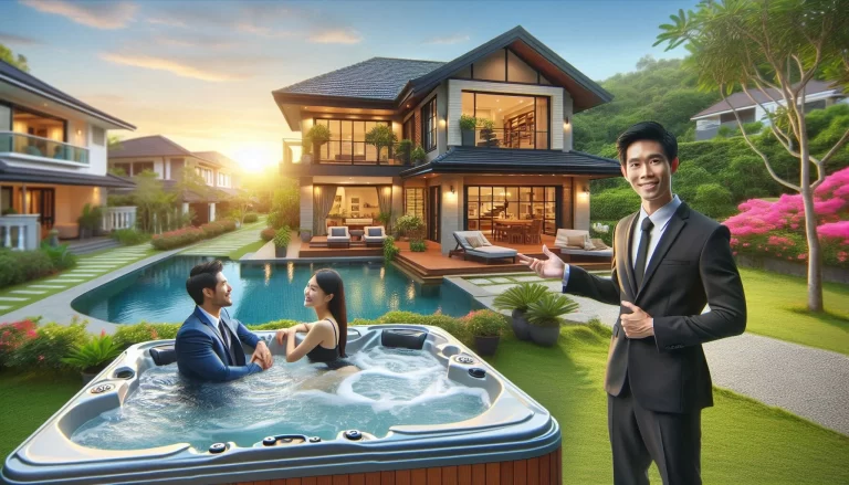 An image depicting a luxurious resort with a large modern villa surrounded by a lush tropical landscape, a swimming pool, and a hot tub where a couple is relaxing while being attended by a smiling real estate agent or resort staff member.