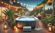 A cozy backyard setting with an inflatable hot tub from Costco on a wooden deck. The hot tub is surrounded by lush green plants and fairy lights hanging above. Steam rises from the warm water, and a couple of plush towels are draped over the side of the tub.