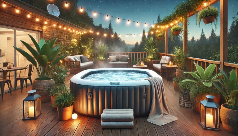 A cozy backyard setting with an inflatable hot tub from Costco on a wooden deck. The hot tub is surrounded by lush green plants and fairy lights hanging above. Steam rises from the warm water, and a couple of plush towels are draped over the side of the tub.