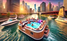 A hot tub boat floating on the Chicago River with the city skyline in the background, including the Willis Tower. A group of friends are relaxing in the steaming hot tub at sunset, enjoying a vibrant and picturesque scene.