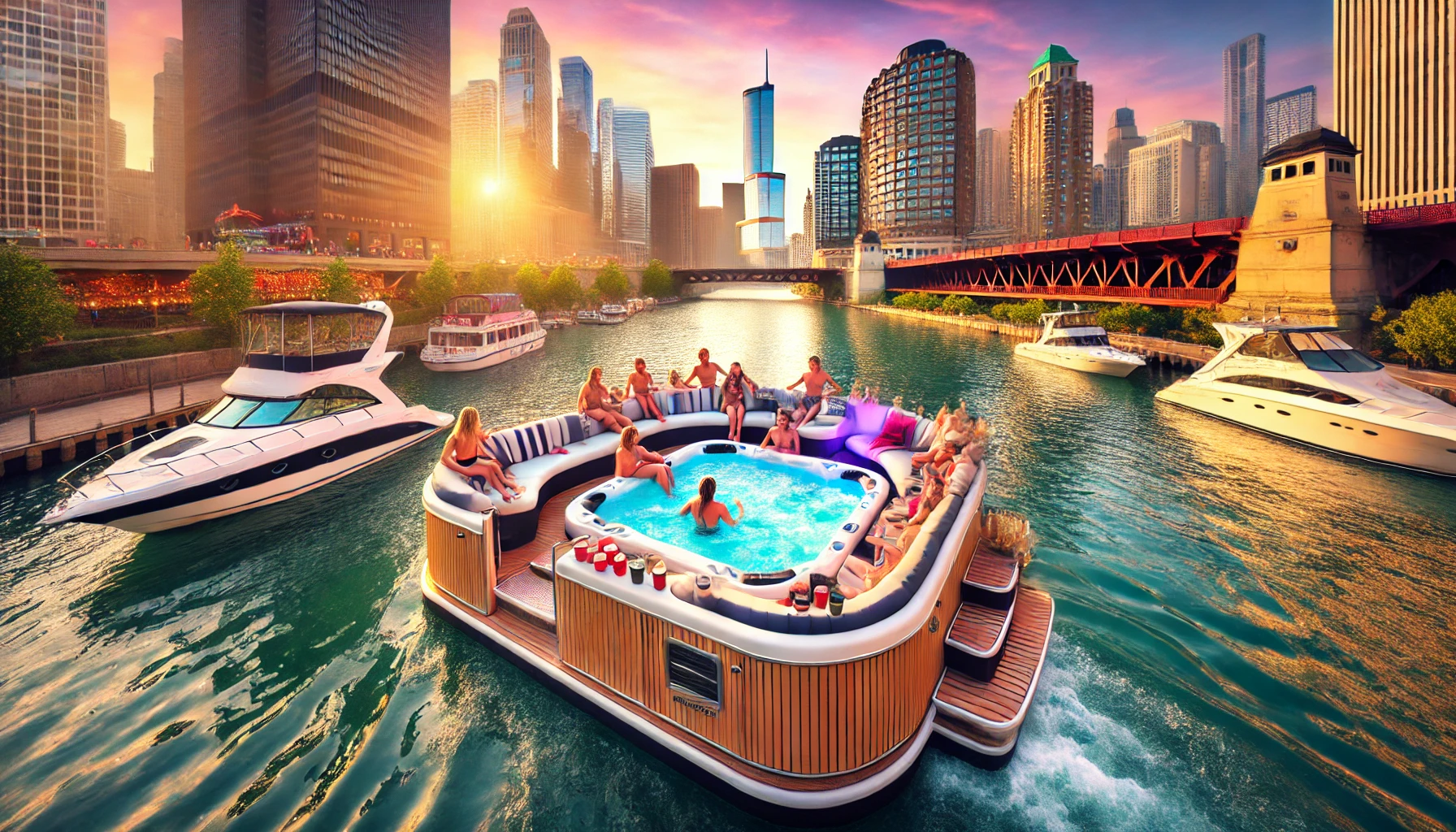 A hot tub boat floating on the Chicago River with the city skyline in the background, including the Willis Tower. A group of friends are relaxing in the steaming hot tub at sunset, enjoying a vibrant and picturesque scene.