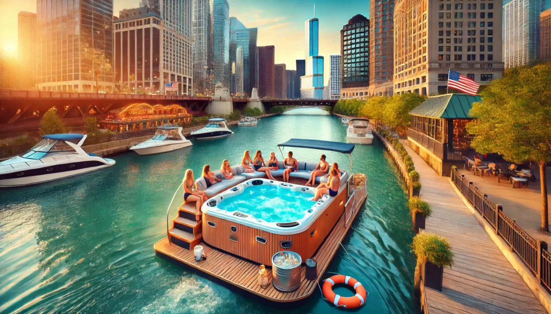 A hot tub boat on the calm waters of the Chicago River, surrounded by the city skyline at sunset. Friends are enjoying the hot tub, creating a vibrant and inviting atmosphere.