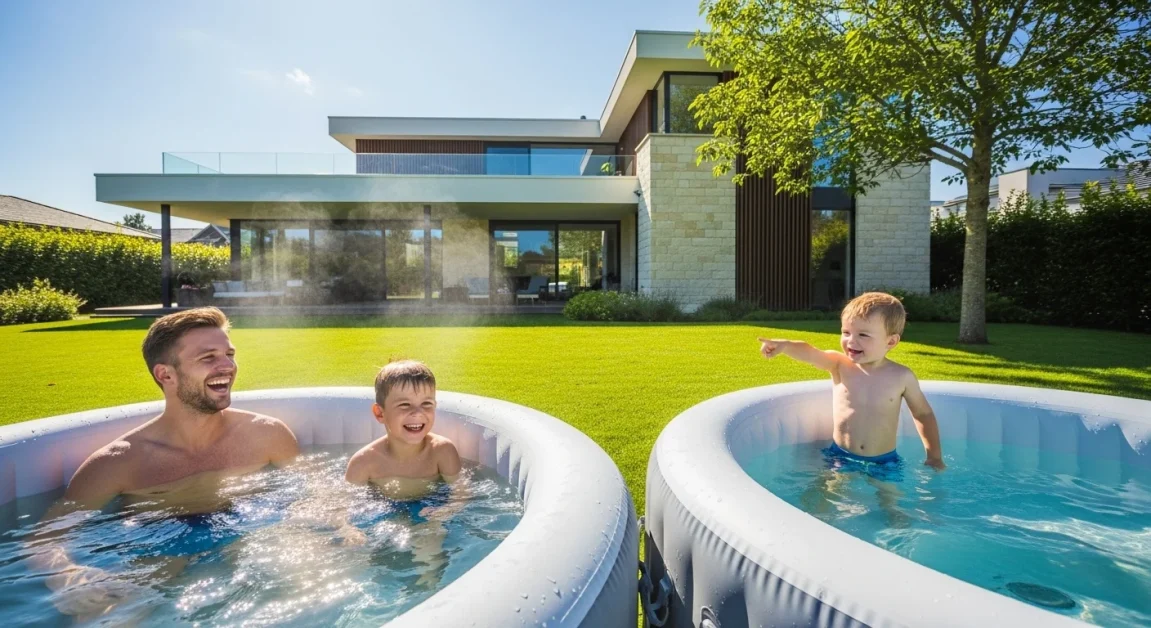 A young man and his two sons relaxing in inflatable hot tubs on a sunny lawn, with a modern house and green trees in the background.