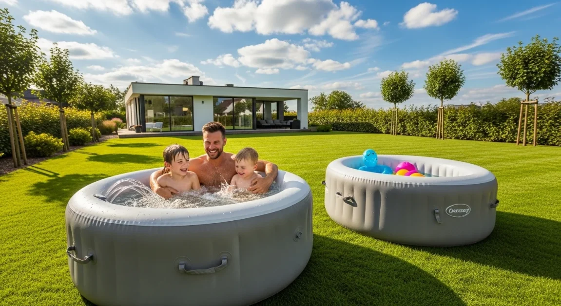 A young man with his two smiling sons enjoying inflatable hot tubs on a lush green lawn, with a modern house and sunny sky behind.