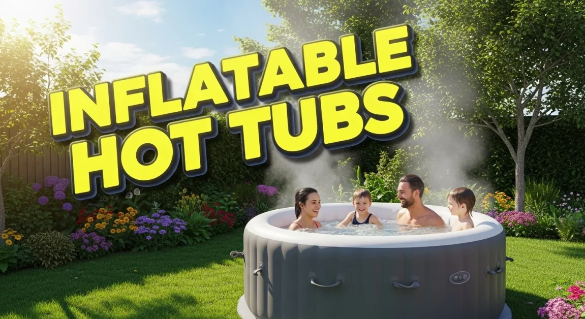A family using inflatable hot tub in a lawn with banner text.