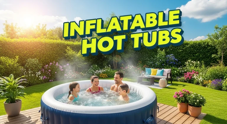 A family enjoy inflatable hot tub and a banner text showing top of her.