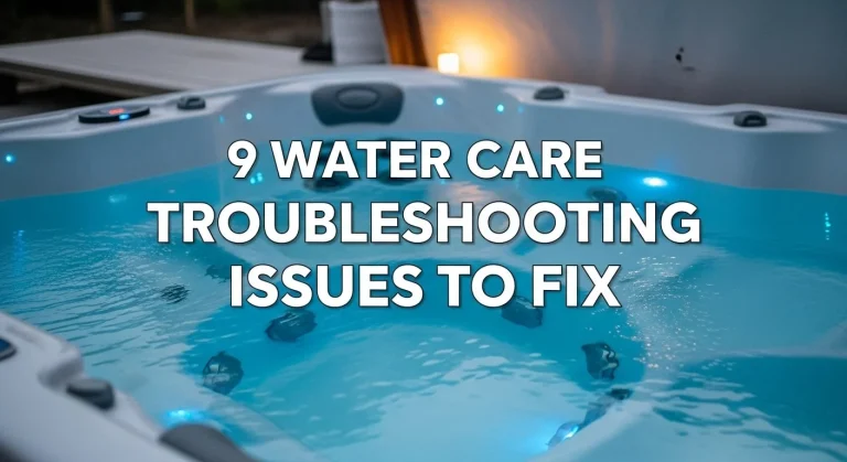 Close-up of a hot tub with clear, bubbling water in a modern outdoor setting, with bold white text and a black shadow reading: "9 Water Care Troubleshooting Issues To Fix" in a sleek font.