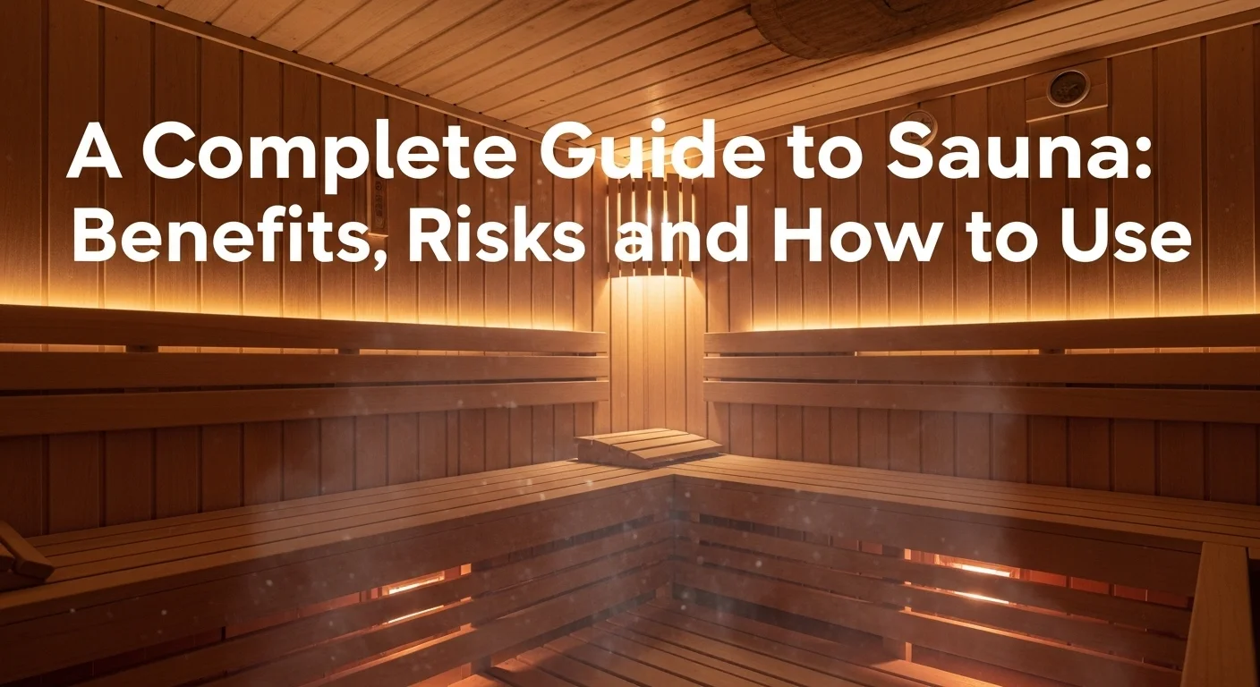 Wooden sauna interior with soft warm lighting, gentle steam, and bold text overlay reading “A Complete Guide to Sauna: Benefits, Risks, and How to Use.