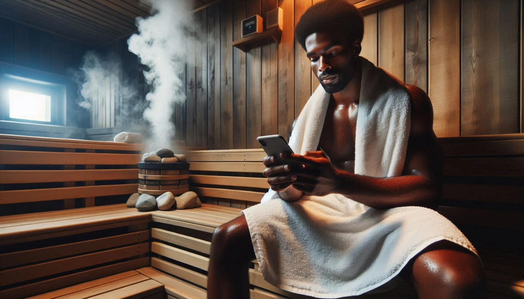 An individual wrapped in a towel sits on a wooden bench inside a sauna, holding a smartphone. Steam rises around the room, indicating the heat, with stones piled in the corner and a small window emitting natural light.