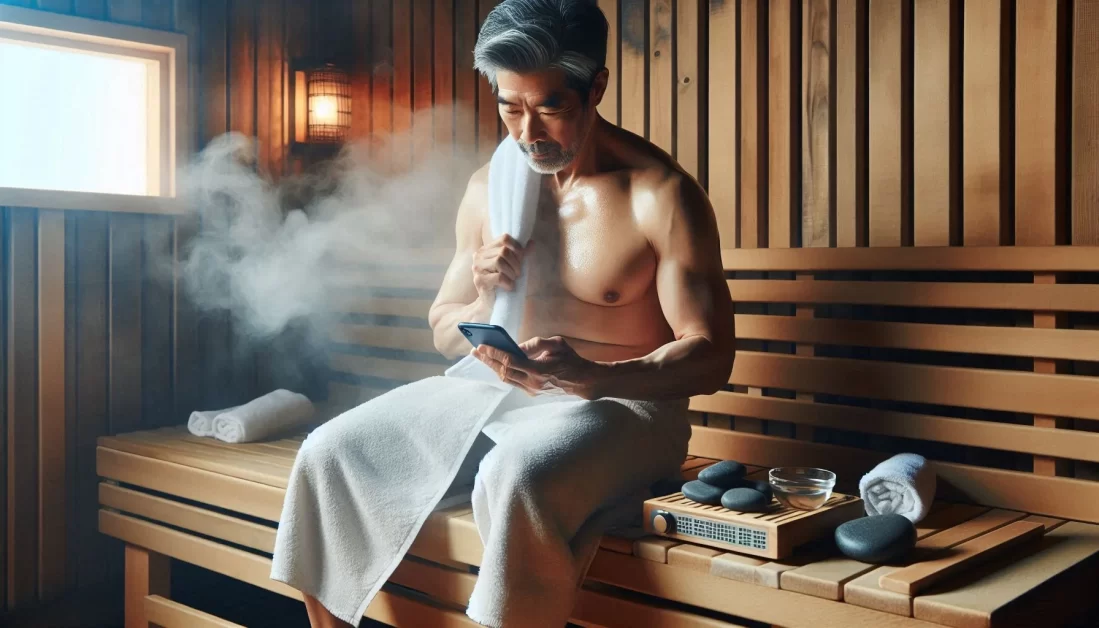 An individual is seated on a wooden bench inside a sauna, holding and setting a sand timer. The sauna has wooden walls and multiple benches, creating a warm and serene atmosphere. The individual’s face is obscured for privacy.