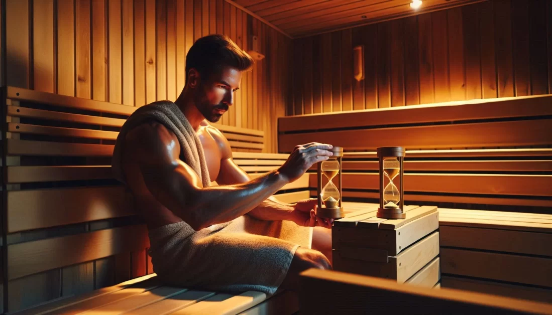 An individual is seated on a wooden bench inside a sauna, holding and setting a sand timer. The sauna has wooden walls and multiple benches, creating a warm and serene atmosphere. The individual’s face is obscured for privacy.