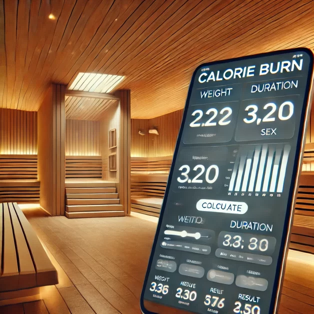 A modern sauna with a digital display showing calorie burn calculations, featuring wooden interiors and ambient lighting. The setting is warm and relaxing, highlighting health and wellness.