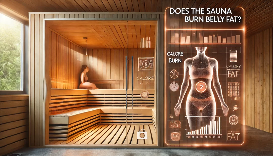 a young man with a big belly using a sauna, sitting comfortably in a warm, modern sauna with wooden interiors and ambient lighting.