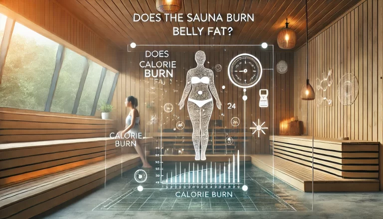 a modern sauna with a person relaxing inside. The scene includes a digital display for calorie burn calculations and graphical elements representing weight loss and health.