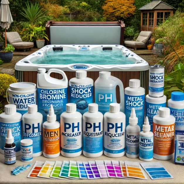 A collection of essential hot tub water care products, including sanitizers, pH balancers, shock treatments, and filter cleaners, displayed on a table with a hot tub in the background.