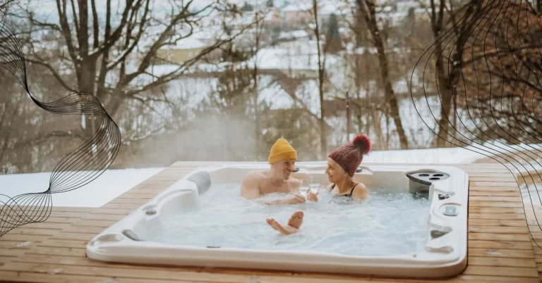 Elderly couple relaxing in a hot tub, surrounded by nature, with the water temperature set to a comfortable 104°F.