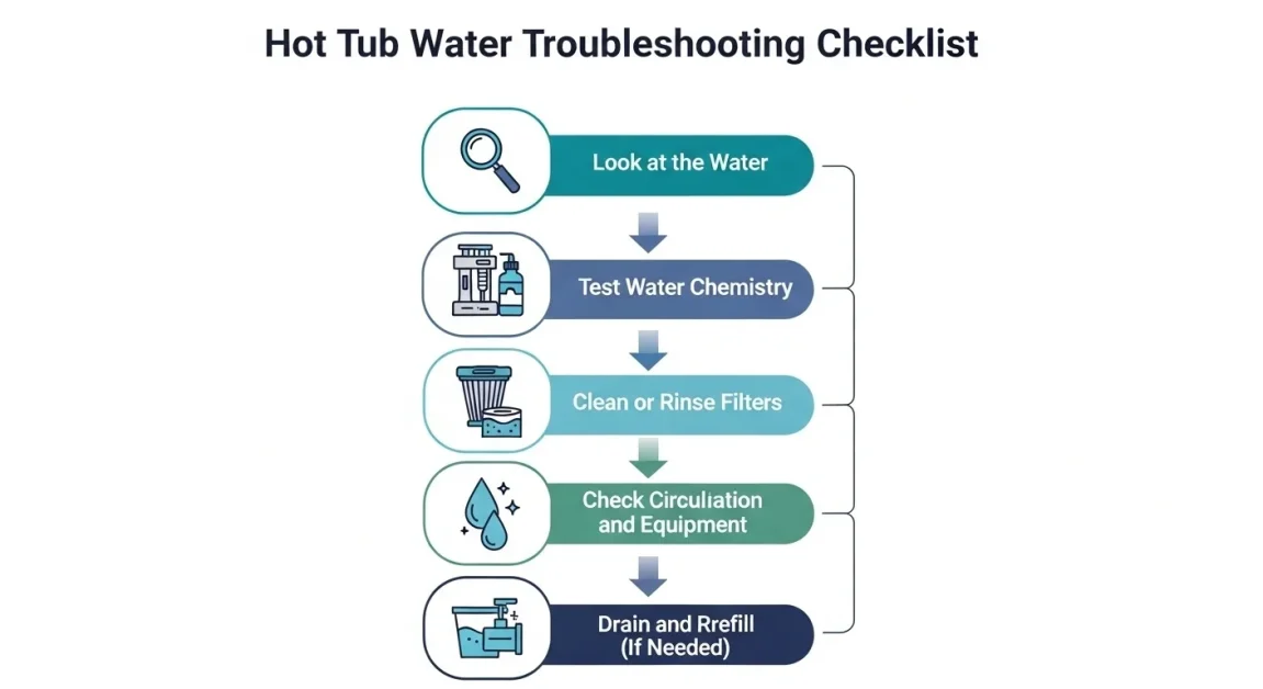 9 Water Care Troubleshooting Issues To Fix 2 A visual infographic show the process of hot tub water troubleshooting steps.