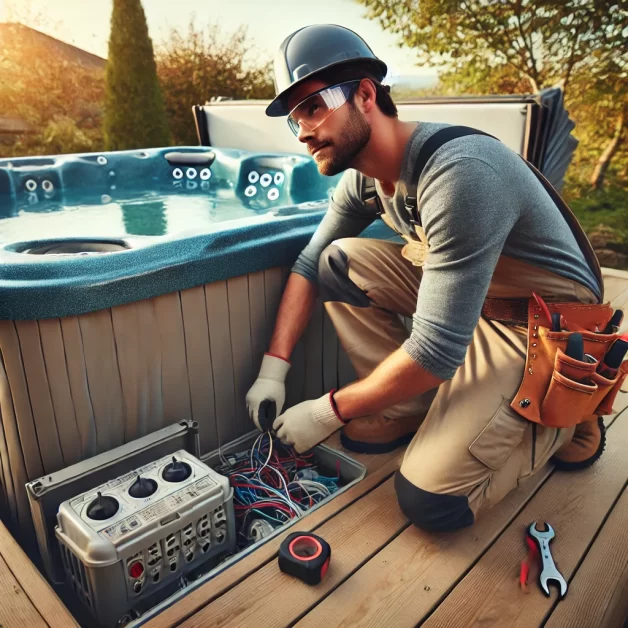 An electrician wearing safety gear, including a hard hat, safety glasses, and gloves, is working on the wiring of a modern hot tub in a backyard. The hot tub is filled with water and surrounded by a wooden deck. Tools and electrical equipment are neatly arranged nearby, with trees and a clear sky in the background.