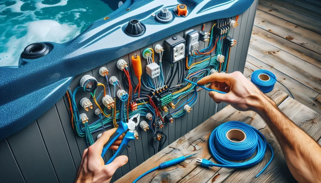 Close-up view of an electrician's hands working on the complex wiring of a modern hot tub. Various wires and connectors are visible, with the hot tub filled with water in the background. Tools and rolls of blue wire are neatly arranged on a wooden surface next to the hot tub.