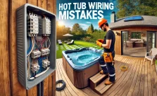 a modern hot tub with an electrician working on the electrical panel. The electrician is wearing a hard hat and gloves. The text "Hot Tub Wiring Mistakes" is prominently displayed in the sky above the scene, which includes trees and a clear sky.