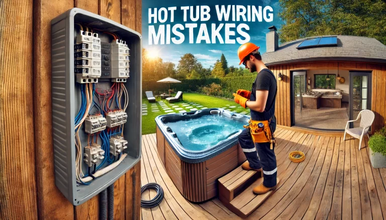 a modern hot tub with an electrician working on the electrical panel. The electrician is wearing a hard hat and gloves. The text "Hot Tub Wiring Mistakes" is prominently displayed in the sky above the scene, which includes trees and a clear sky.