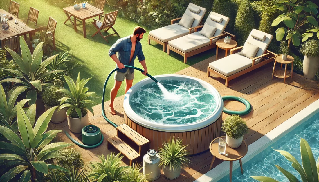 A man refilling hot tub water in a garden.