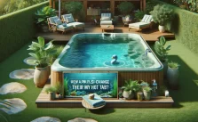 a well maintained hot tub placed in a garden and text show on it "How often should I change the water in my hot tub"