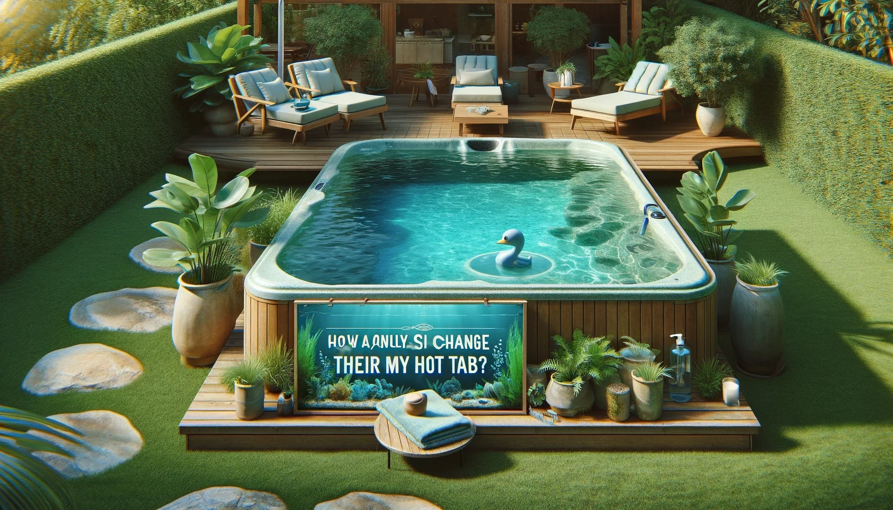 a well maintained hot tub placed in a garden and text show on it "How often should I change the water in my hot tub"