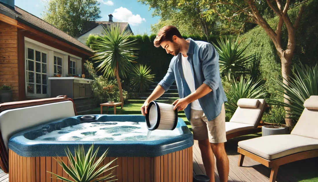 a man cleaning hot tub filter. 