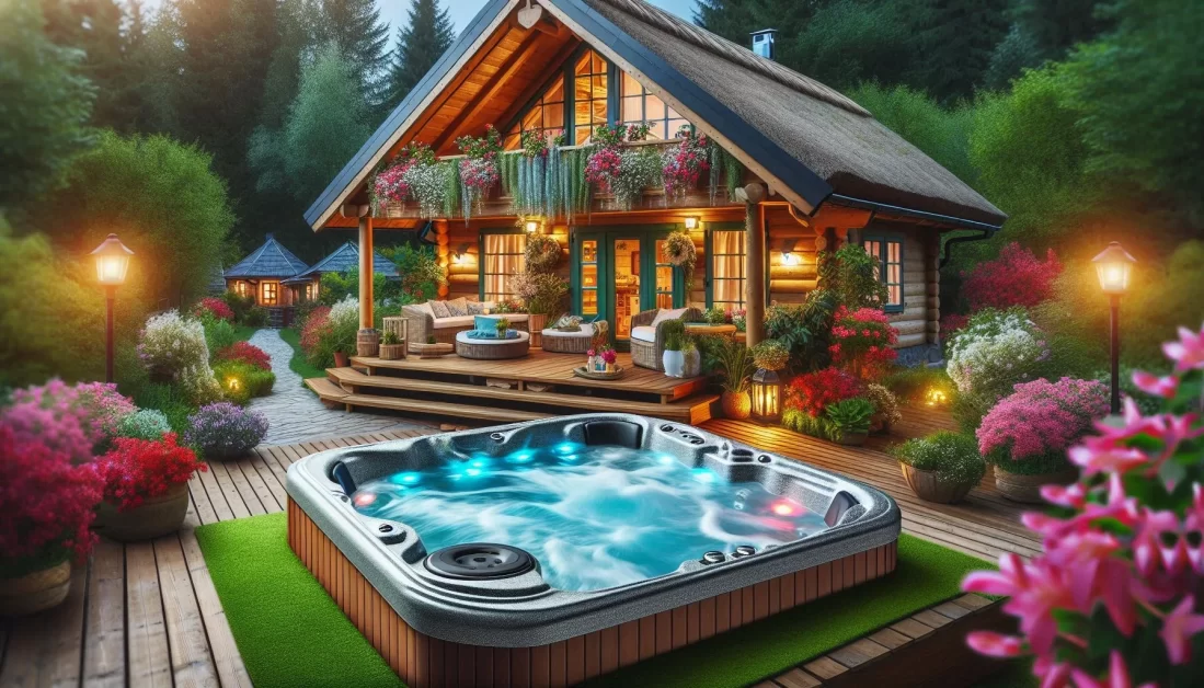 A hot tub placed at outside of a home.