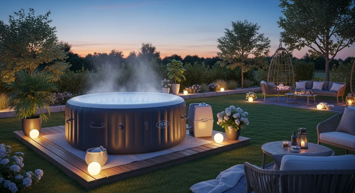 A well-maintained lawn and potted plants form the background with inflatable hot tub, with a sunset sky transitioning from orange to deep blue.
