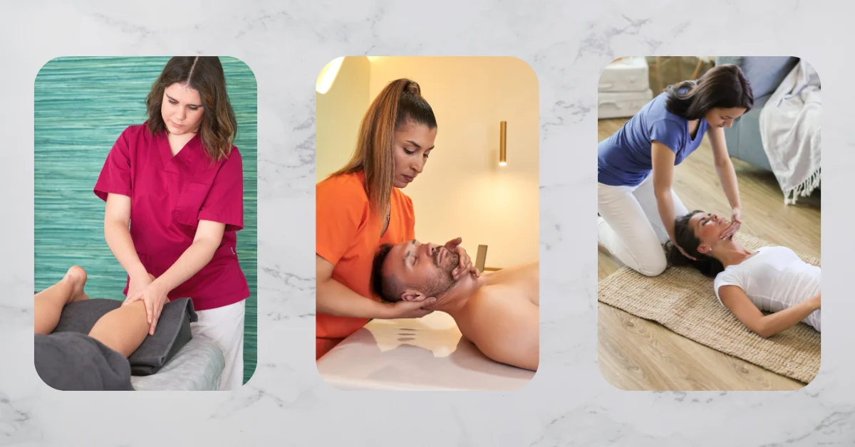 A collage of three images depicting different types of massage therapy. 