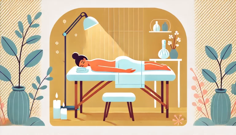 An illustration of a person lying face down on a massage table, covered with a towel except for the areas being massaged, such as the back, legs, and shoulders. The person looks relaxed and comfortable in a serene spa setting.