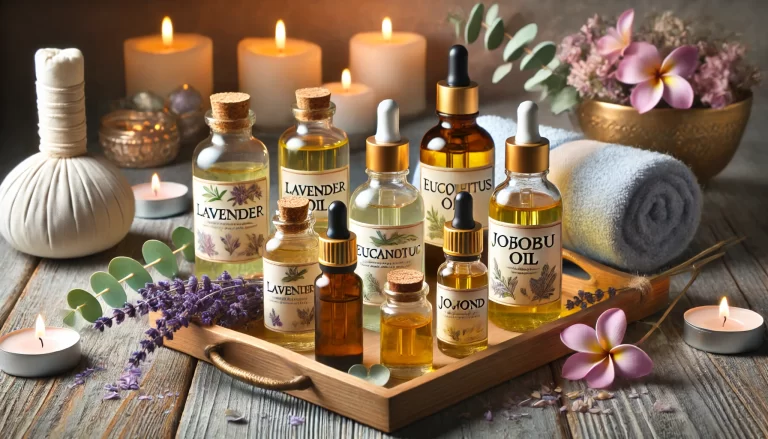 A collection of massage oil bottles labeled with natural ingredients like lavender, eucalyptus, jojoba, and almond oil, arranged on a wooden tray with candles, flowers, and a towel in a spa-like setting.