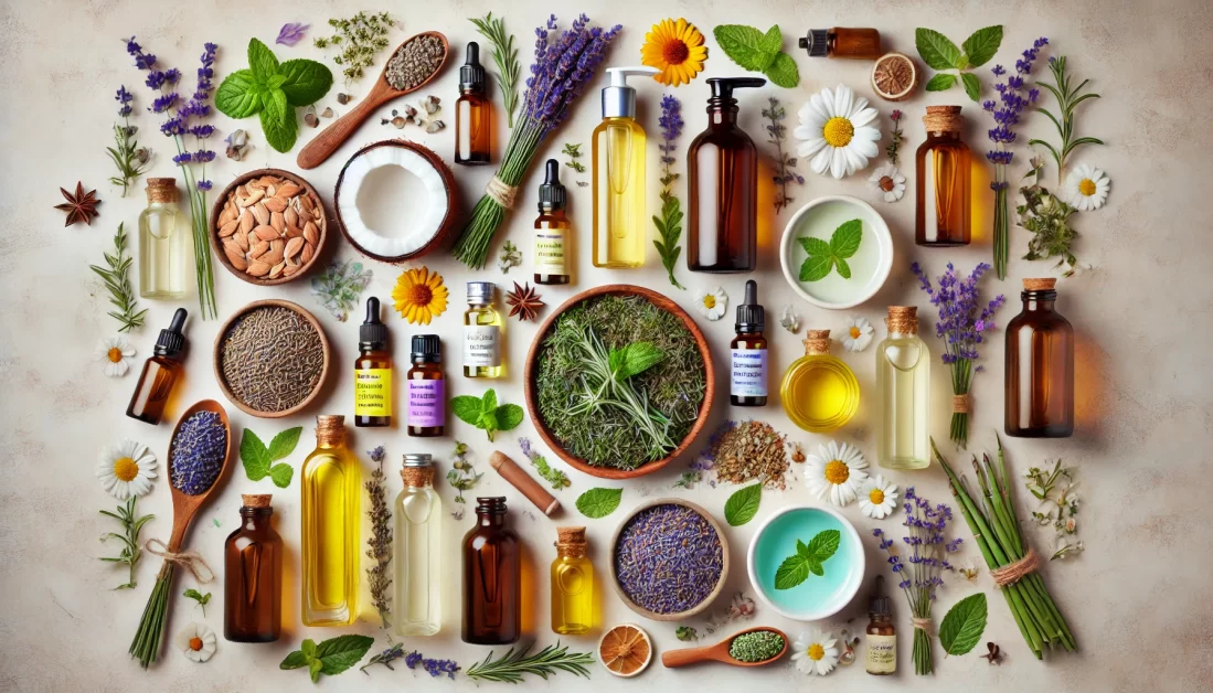 A flat lay of various massage oils and ingredients, including bottles of sweet almond, jojoba, coconut, and grapeseed oils, surrounded by essential oils and fresh herbs like lavender, eucalyptus, peppermint, chamomile, and rosemary on a light background.