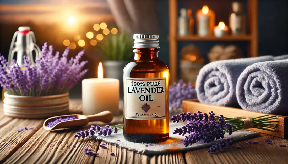 A bottle of lavender oil labeled '100% Pure Lavender Oil' on a wooden table surrounded by fresh lavender sprigs. The background features a serene setting with soft lighting, a candle, and a stack of towels, creating a spa-like atmosphere.