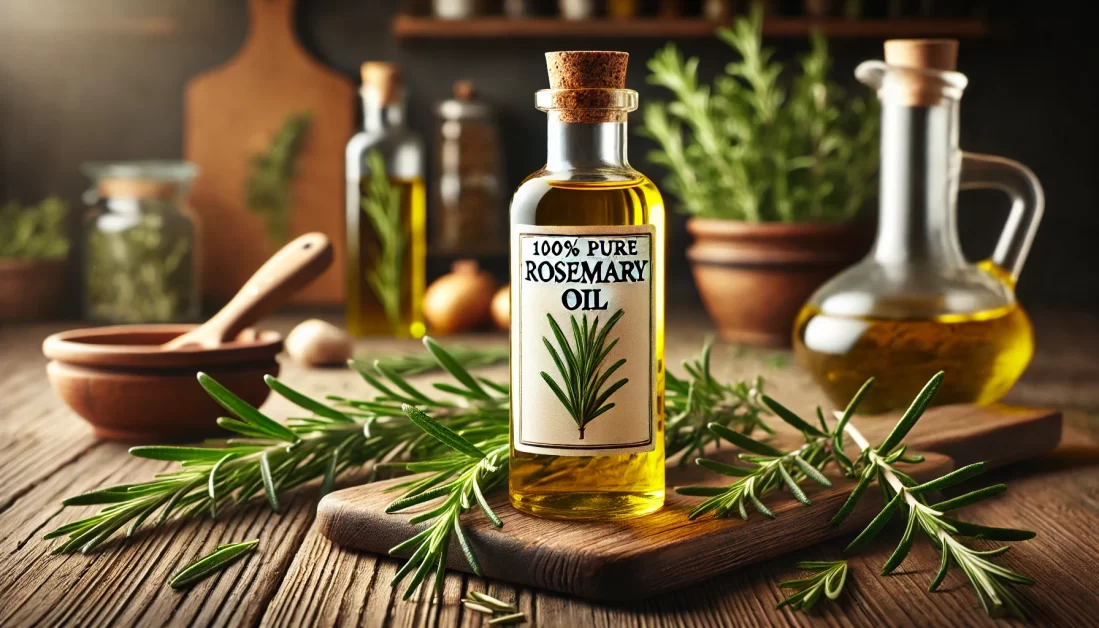 A bottle of rosemary oil labeled '100% Pure Rosemary Oil' on a wooden table surrounded by fresh rosemary sprigs. The background features a rustic kitchen setting with a cutting board, olive oil, and herbs.