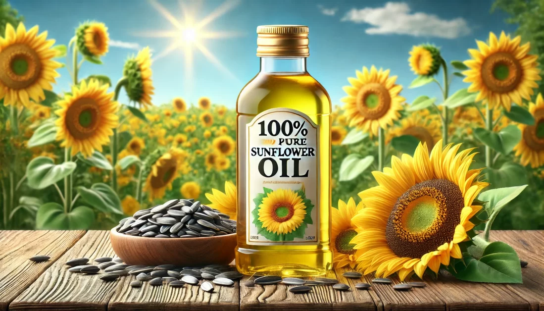 A bottle of sunflower oil labeled '100% Pure Sunflower Oil' placed on a wooden table with fresh sunflower heads and seeds around it. The background features a garden with blooming sunflowers under a clear blue sky.