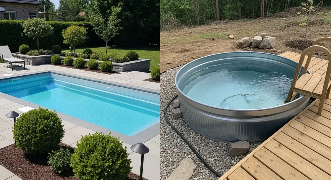 Prefab fiberglass plunge pool next to a DIY stock tank plunge pool in backyard settings.