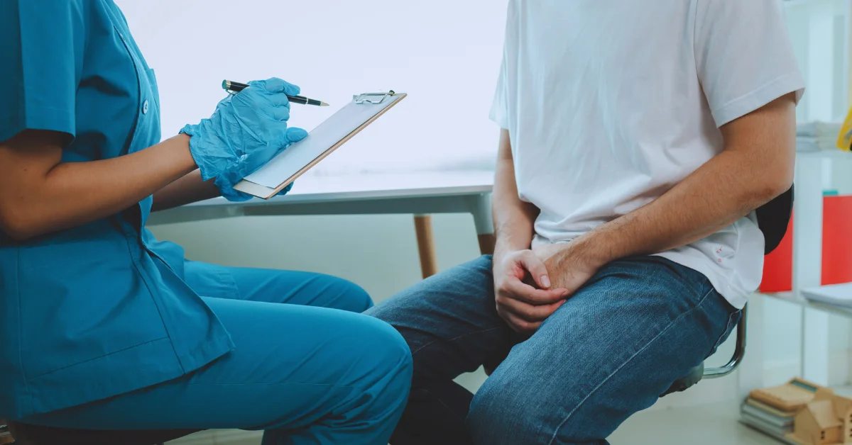 A doctor recommending medicines to a patient after performing a testicular massage in a clinical setting.