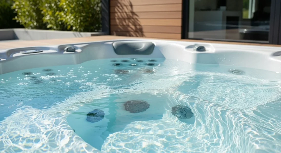 9 Water Care Troubleshooting Issues To Fix 1 Close-up of a hot tub with clear, bubbling water in a modern outdoor setting, featuring a serene backdrop of a wooden deck or greenery.