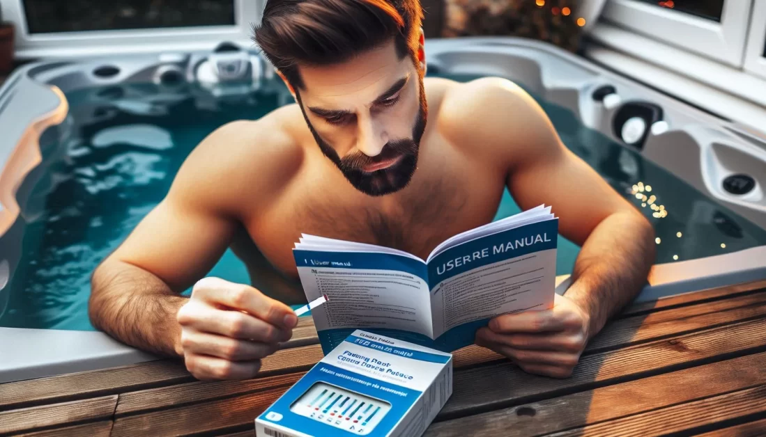 A hot tub user carefully reading the test strips manual. 