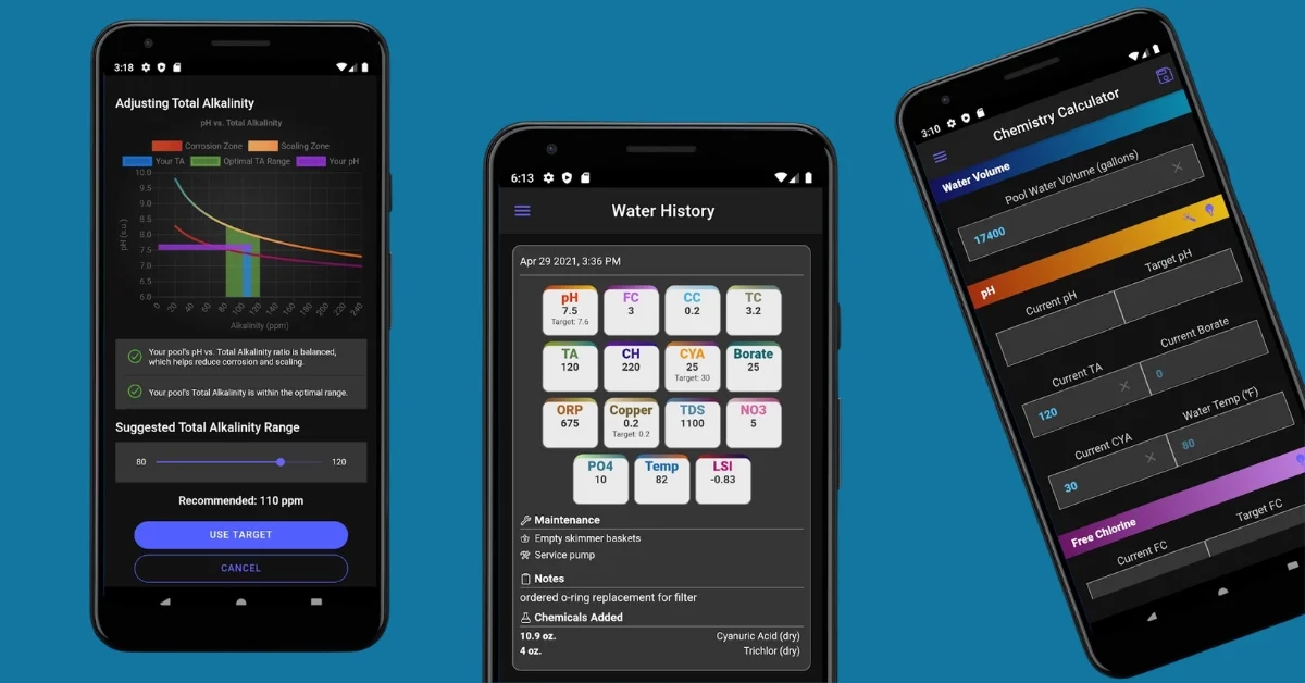 A app Pool Water Calculator with details info graphics for Hot Tub Chemistry Management Apps 